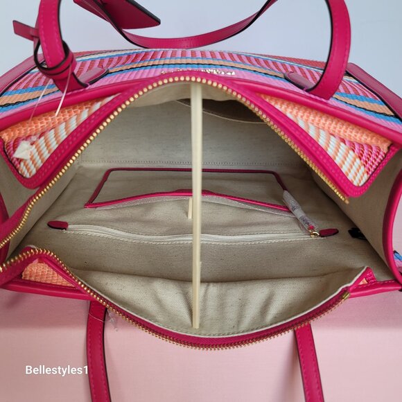 KATE SPADE Market Striped Woven Straw Medium Tote Bag-Wild Raspberry Multi⭐ - Picture 13 of 16
